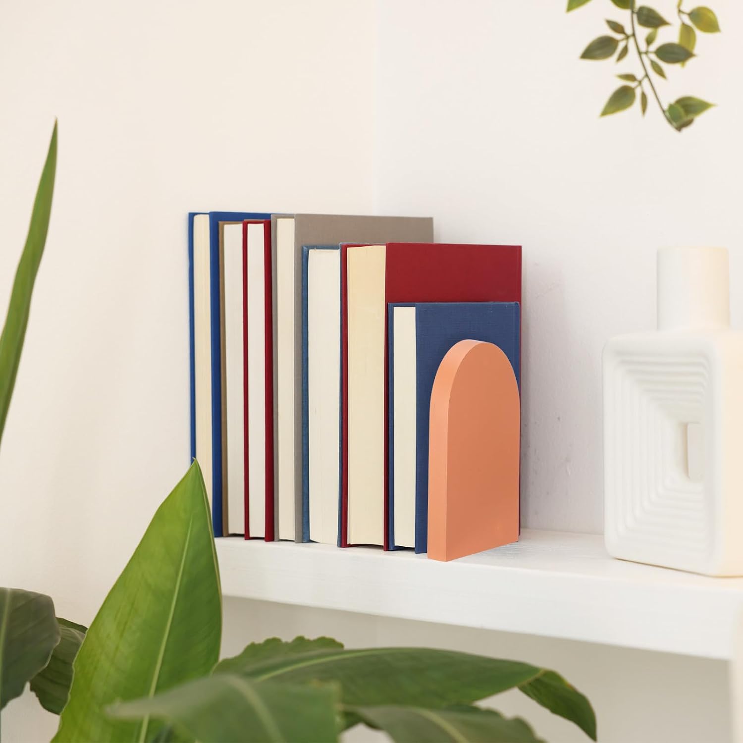 Honoson 4 Pcs Boho Wood Bookends Back to School Sage Green Wooden Book Stands Decorative Non Skid Book Stoppers for Books Cds Videos Albums Office Desktop Shelves (Orange)