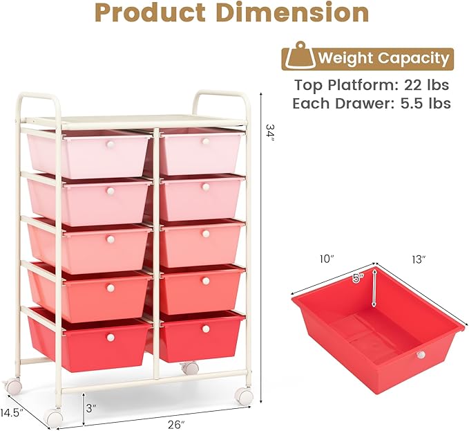 HAPPYGRILL 10-Drawer Rolling Storage Cart, Storage Organizer Cart - Image 6