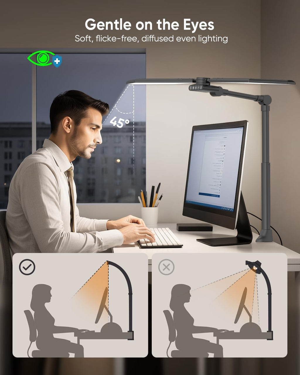 36w led desk lamp with clamp, dual-head architect showing dimensions
