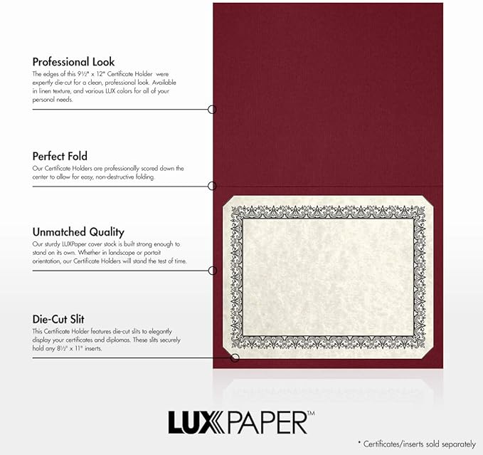 LUXPaper 9.5" x 12" Certificate Holders | Burgundy Linen | 100lb. Cover | 25 Qty - Image 2