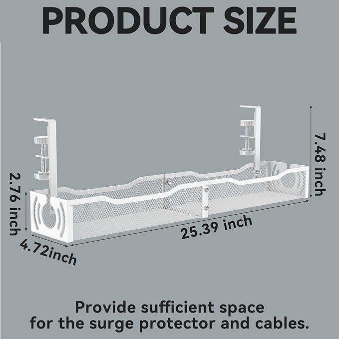 Cable Management, 25.3'' Under Desk Cable Management Tray No Drill, Metal Cable - Image 5