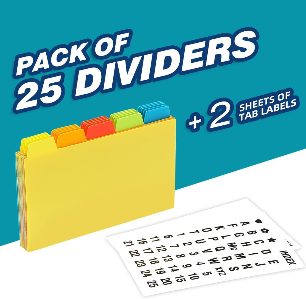 Chell 3"x5" Plastic Index Card Dividers, Primary Colors, 25 Pack | Heavyweight, A-Z, Made of Polypropylene, Alphabetical Stickers, Blank Stickers
