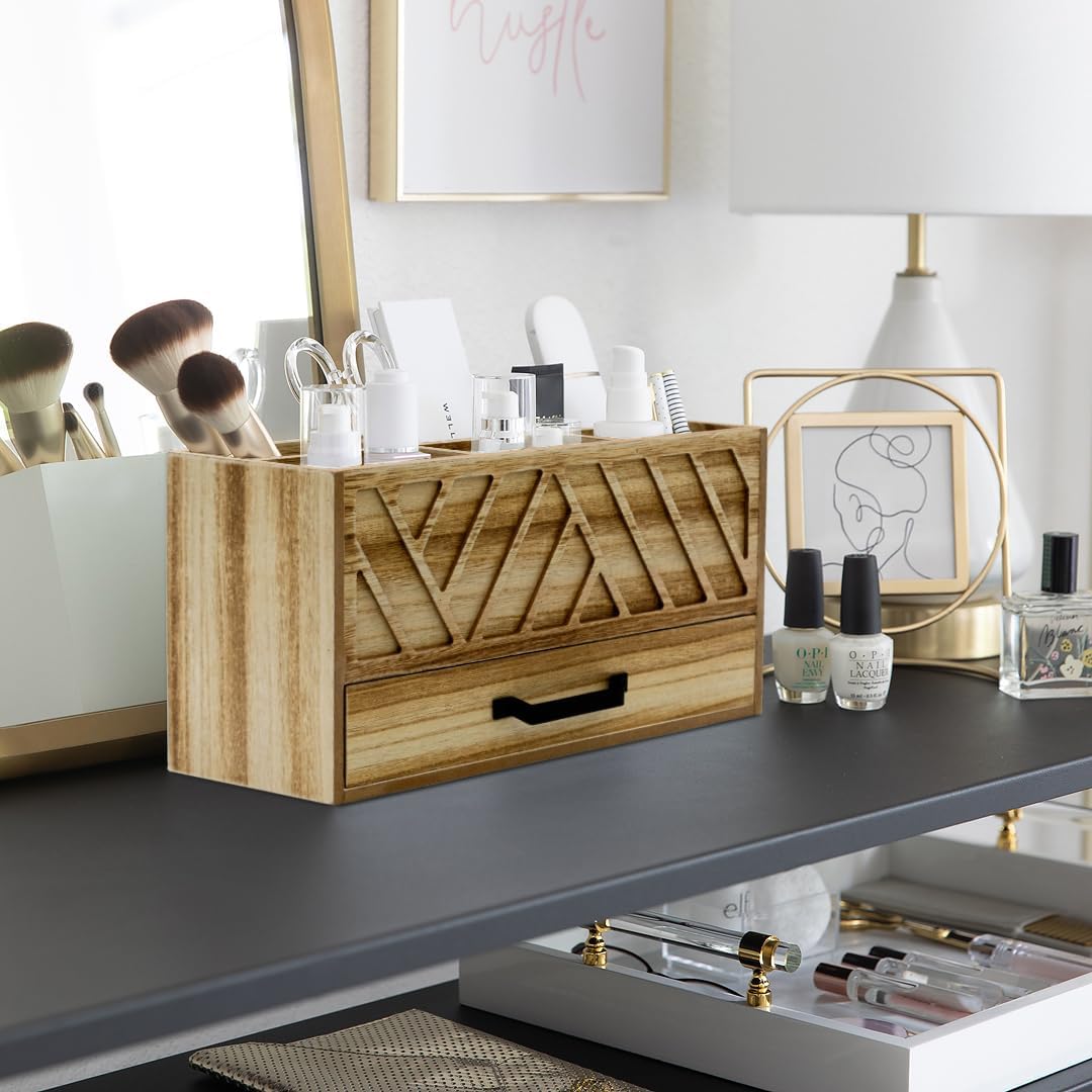 BLU MONACO Natural Wood Desktop Pen Organizer with Drawer - Stylish and Versa...