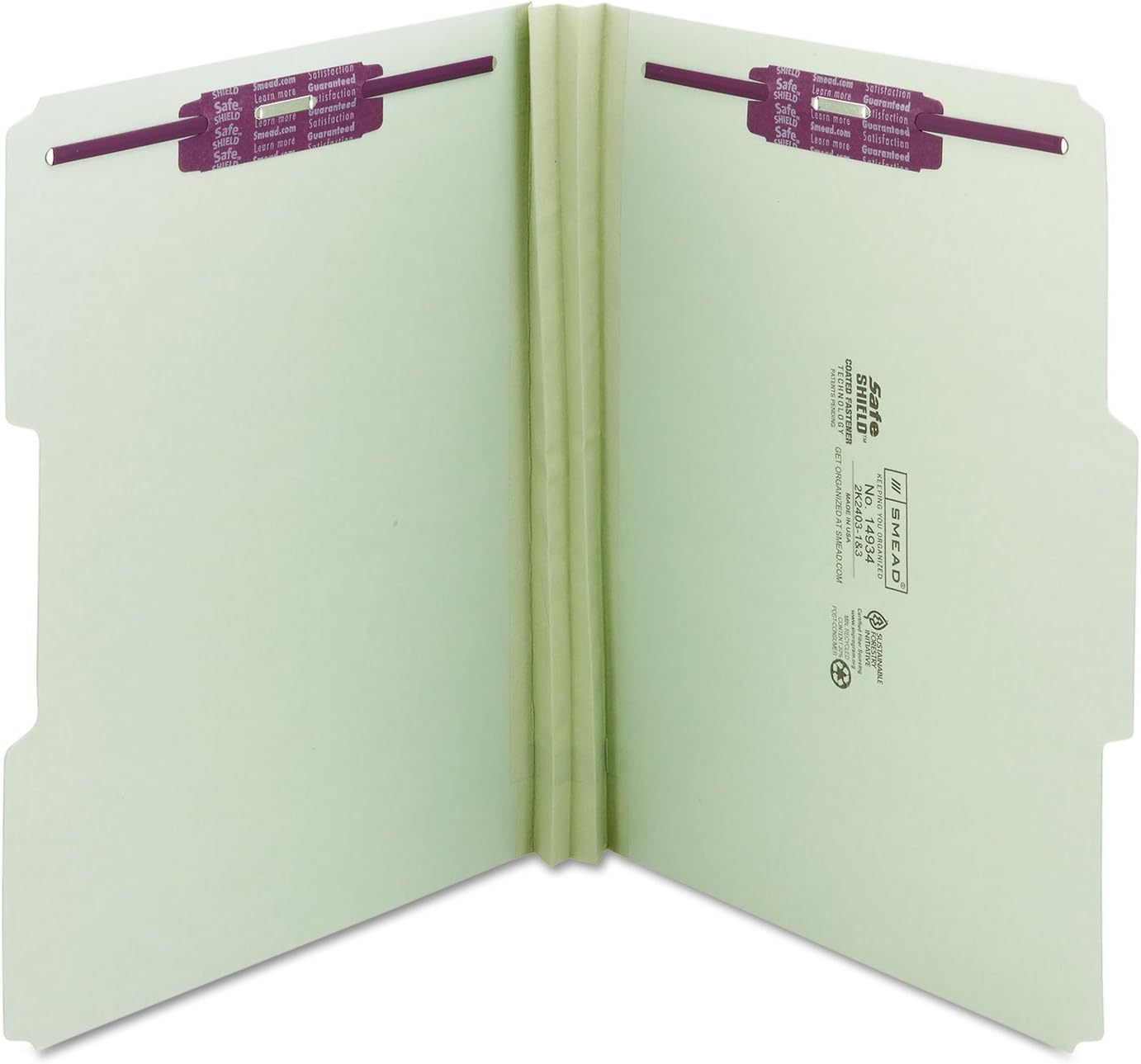 Smead Pressboard Fastener File Folder with SafeSHIELD, 1/3 Cut Tab, 51 Mm Expansion, Letter Size, Gray, Green, 25 Count, 14934