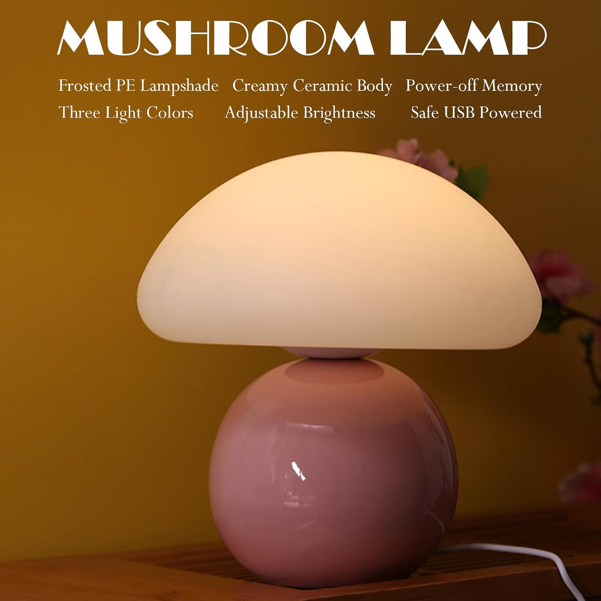Cute Small Mushroom Lamp, PE Lampshade, Ceramic Base, Adjustable Light Color ...