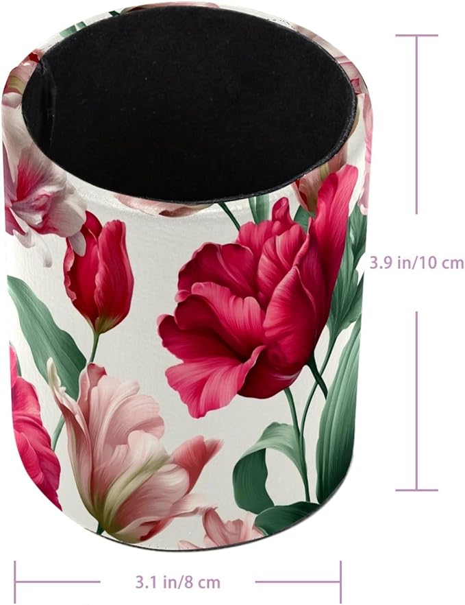 Leather Pen Holder for Desk Tulips Pattern Pencil Cup Desktop Organizer Makeup - Image 3