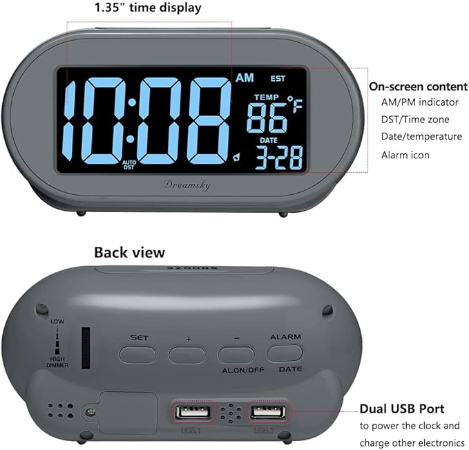 DreamSky Alarm Clocks for Bedrooms, Auto Set Digital Desk Clock for Bedside - Image 8