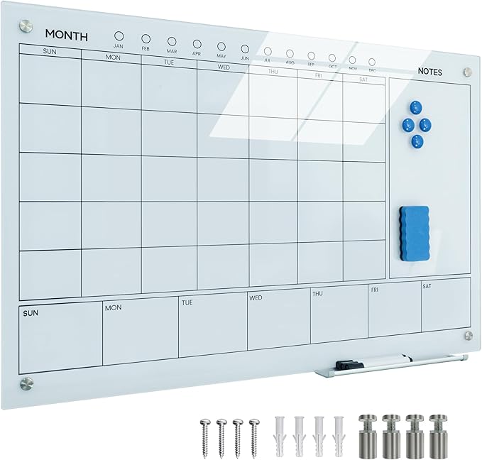 JYYPWB Magnetic Glass Whiteboard 36X24 Monthly Planner Calendar Dry Erase Board - Image 2