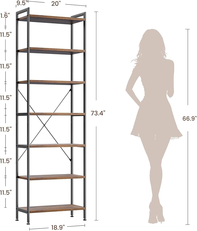 Casaottima Book Shelf, 7 Tier Tall Bookshelf, Modern Wood Bookcase Shelves - Image 2