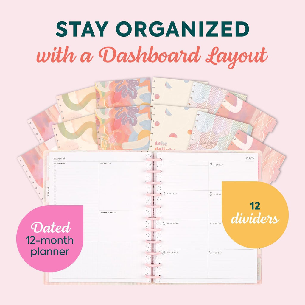 Happy Planner Disc-Bound Planner July 2026–June 2027, Big Size | Includes 3 extra months and 2 sticker sheets, 8.5" x 11", Dashboard Layout, Spring Sherbet theme