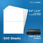OnlineLabels 8.5" x 5.5" Half-Sheet Shipping Labels - Matte - 500 Sheets | Permanent Adhesive, Blank Rectangle Labels, Inkjet & Laser Compatible, Ideal for FBA, FedEx, USPS, & UPS Shipping