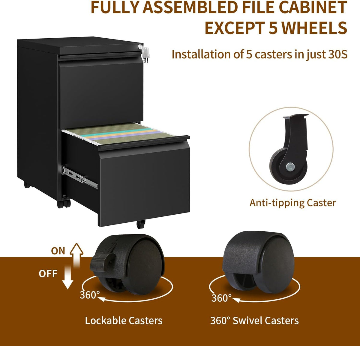 2 Drawer Metal Mobile File Cabinet with Lock and 4 Keys