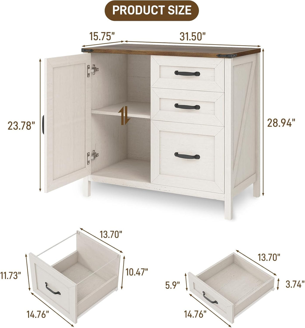 3 Drawers Farmhouse File Cabinet with Door for Home Office, Rustic White | Halitaa Lateral Filing Cabinet for Letter/A4 Size Hanging Files, Large Wood File Storage Cabinet Printer Stand