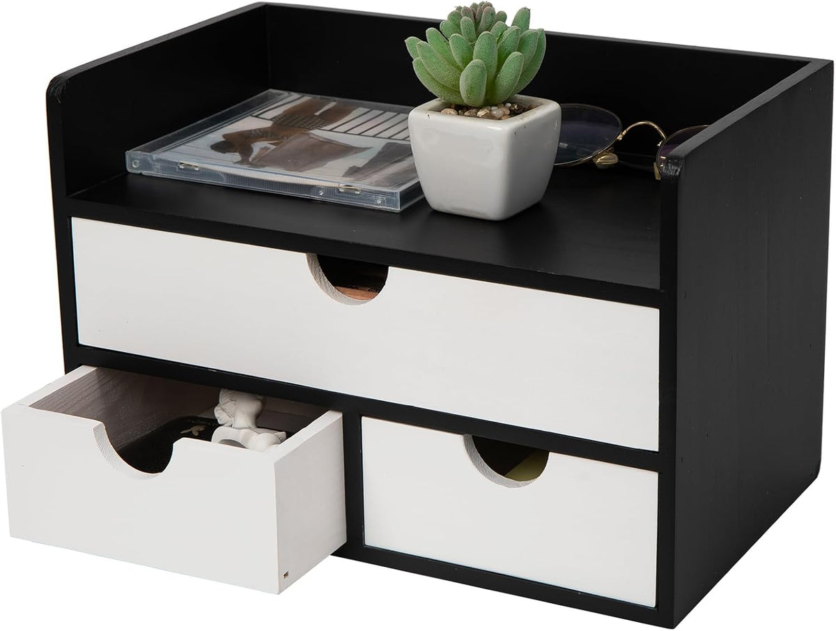 Rustic Wood Desk Organizer with Drawers,3-Drawer Desktop Storage Box