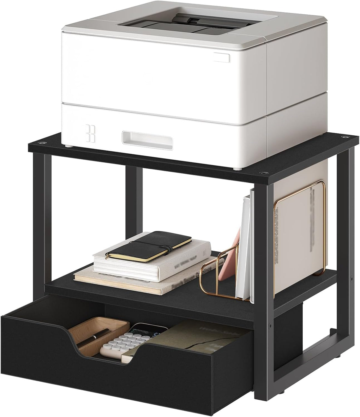 YATINEY Desktop Printer Stand, 2-Tier Printer Table with Non-Woven Drawer, Mu...