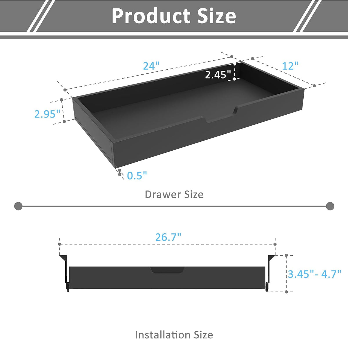 FRMSAET Office Products Sliding Drawer Keyboard Drawer (12”D x 24”W, Black)