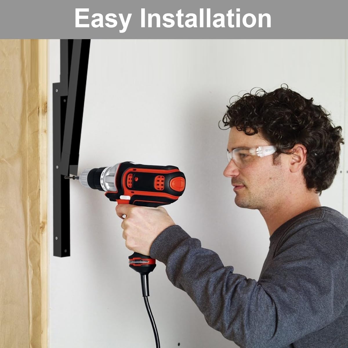 lumber storage metal rack, 3-level wall-mounted organizer and shown in use