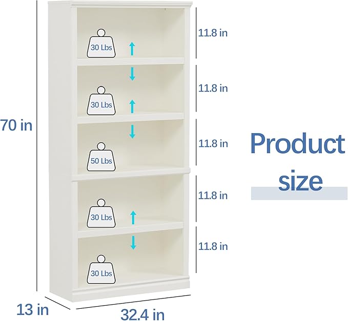 blini 5-Shelf Tall Bookcase White Wooden Bookshelves 33in Wide 5 Tier Bookcases - Image 3