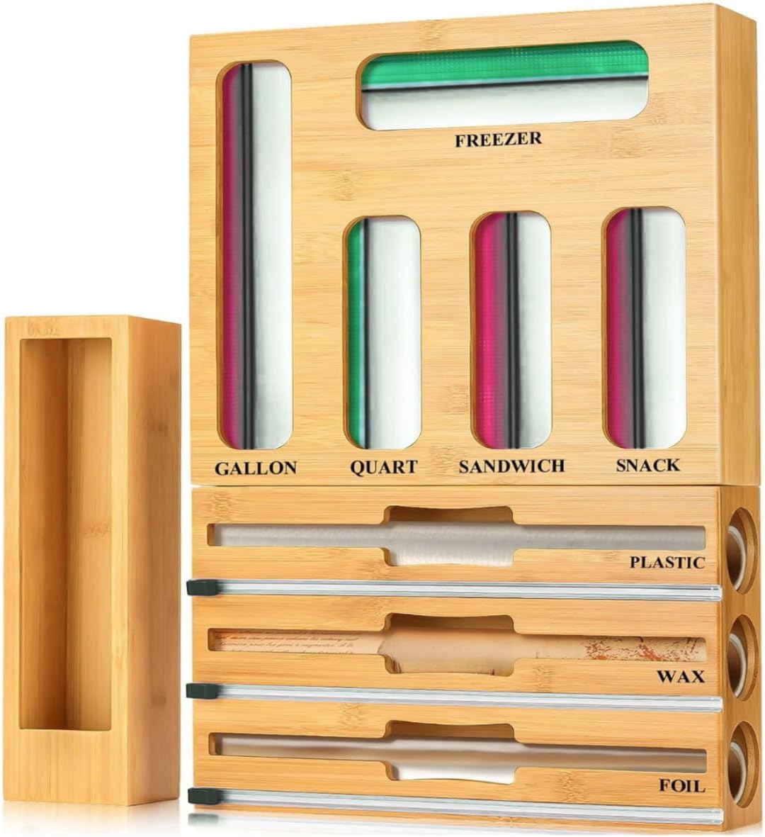 9 in 1 Bamboo Kitchen Drawer Organizer for Storage Bags, Foil & Plastic W...