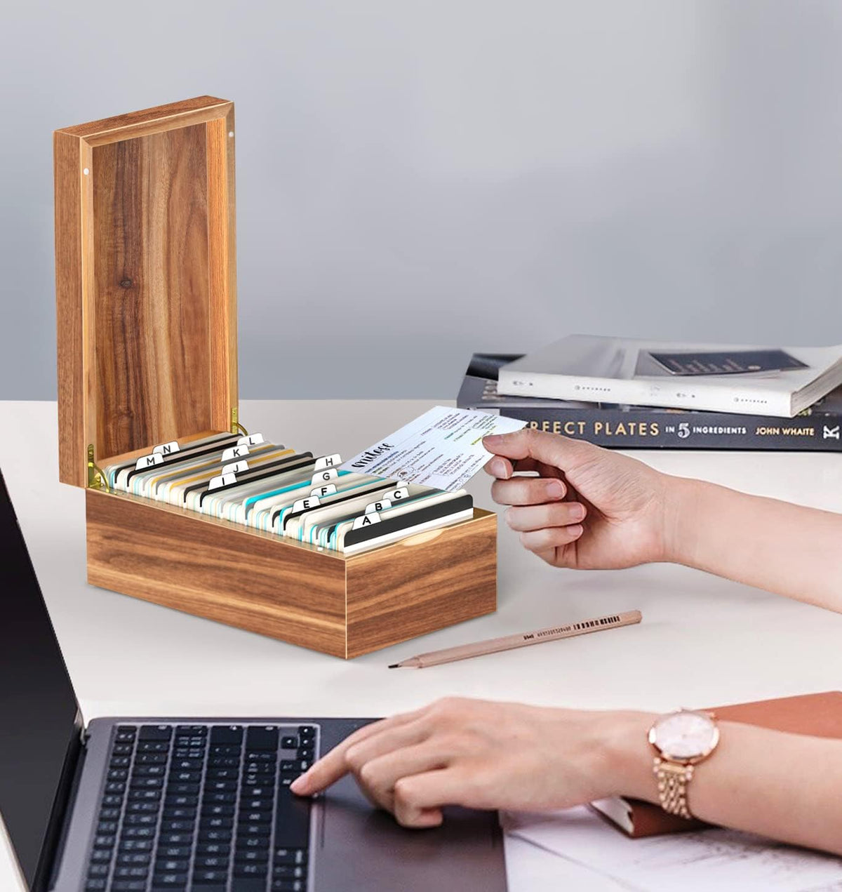 Neando 3x5 Index Card Organizer Box with Lid – Acacia Wood Note Card Holder w...