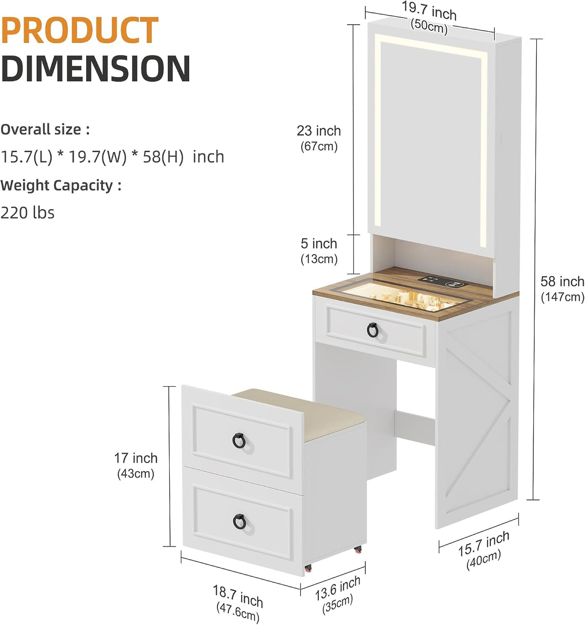 3 in 1 Small Vanity Desk with Lights and Mirror,Charging Station,White