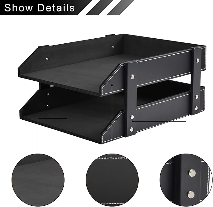 Leather Desk Organizer, 2-Tier Stackable Letter Tray Holder, Office Supplies - Image 2