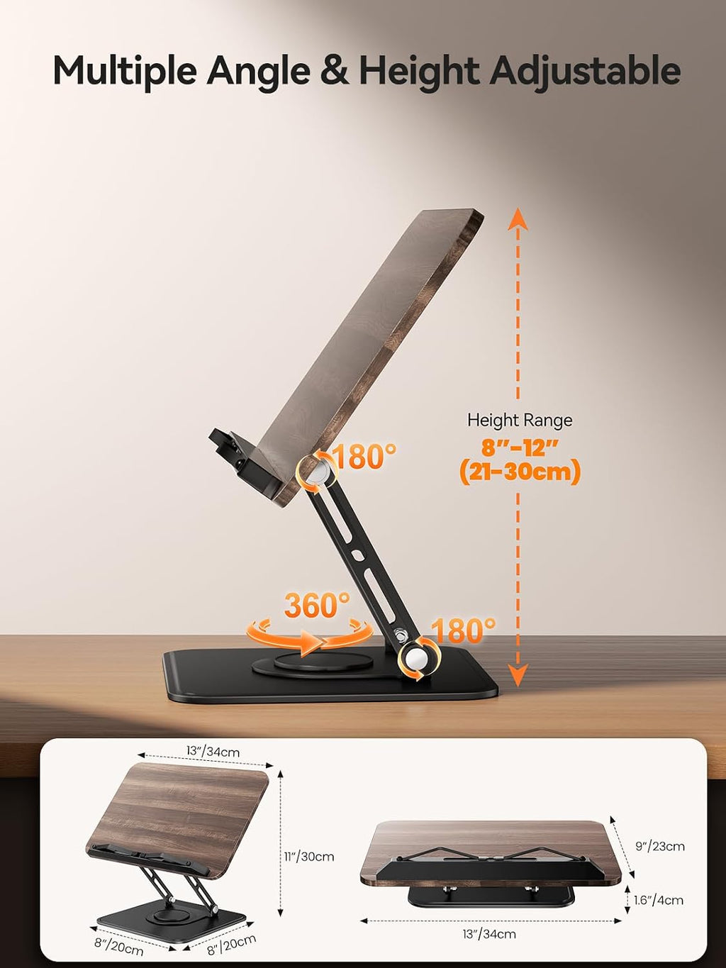 Tounee Book Stand, 360° Rotating Reading Book Holder, Adjustable Cookbook Holder for Reading Hands-Free, Foldable Desktop Recipe Book Stand with Protective Page Clips, Fits All Books - Black