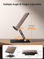 Tounee Book Stand, 360° Rotating Reading Book Holder, Adjustable Cookbook Holder for Reading Hands-Free, Foldable Desktop Recipe Book Stand with Protective Page Clips, Fits All Books - Black