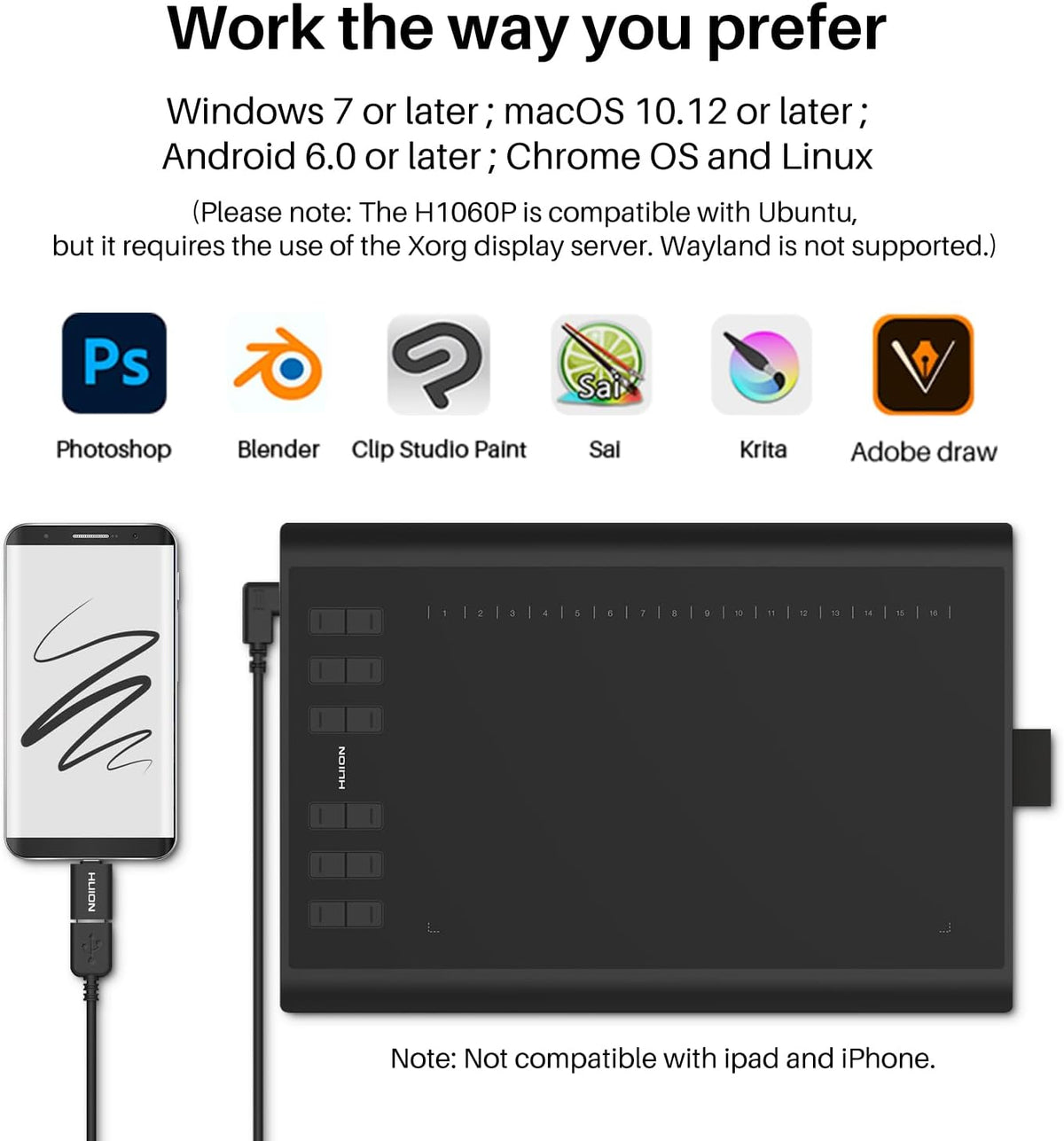 huion inspiroy h1060p graphics drawing tablet, 10 x, package contents