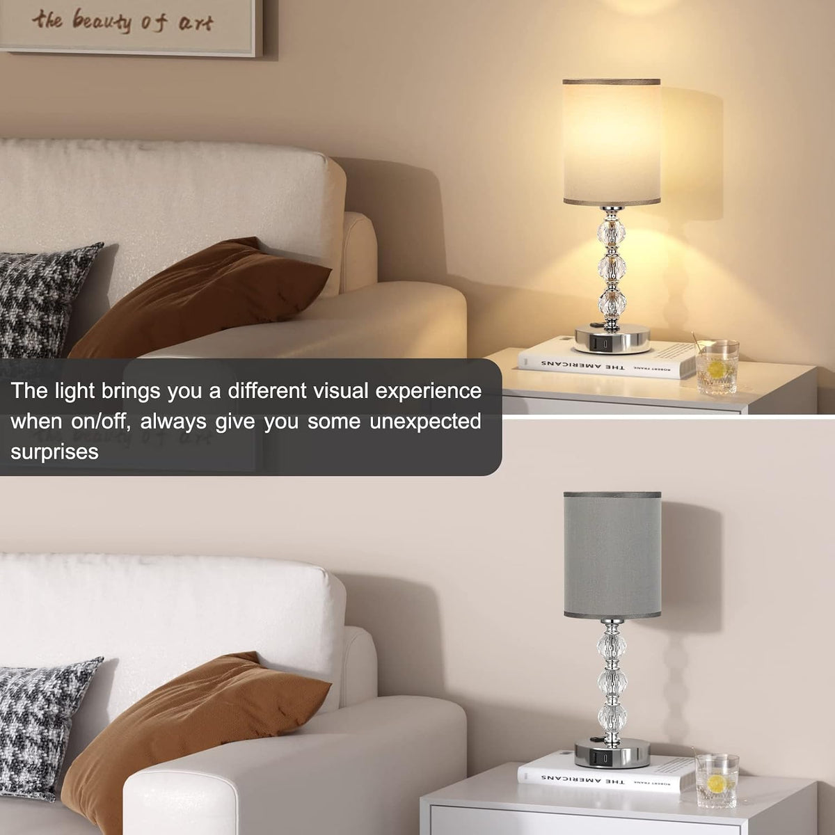 Grey Touch Bedside Lamps for Bedrooms - Crystal Table Lamp with USB C+A Charg...