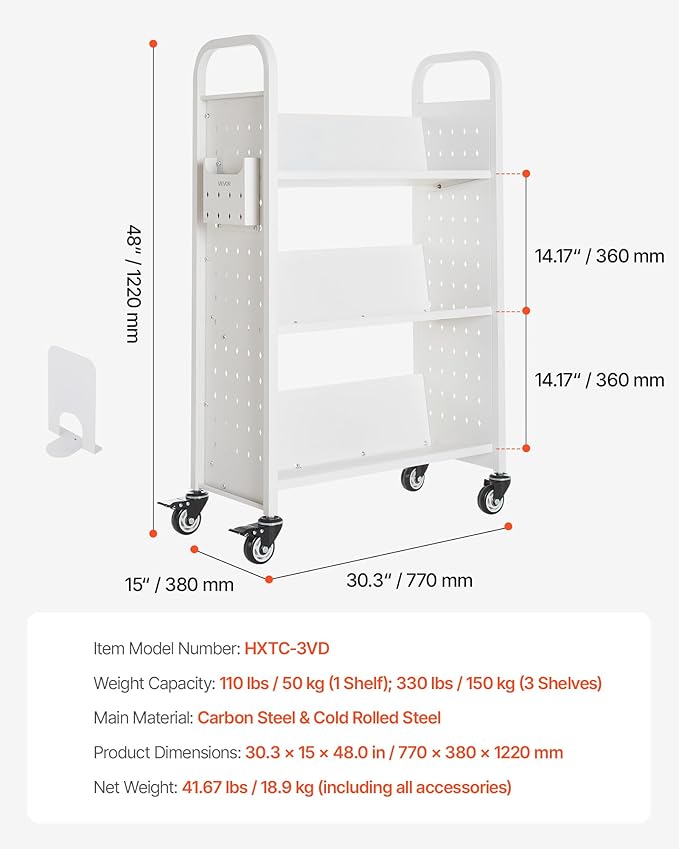 VEVOR Rolling Library Book Cart, 330 lbs Capacity, 30.3 x 15 x 48.0-Inch - Image 3