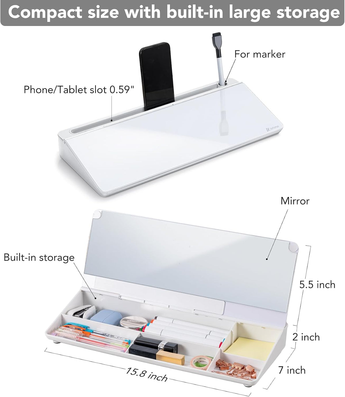 Varhomax Glass Desk Whiteboard with Built-in Mirror, Desktop Organizer
