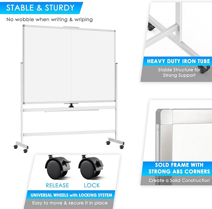 maxtek 60 x 48 Double Sided Rolling Whiteboard, Mobile Whiteboard Magnetic - Image 2