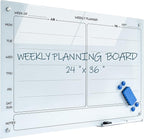 Magnetic Planner Writeboard 24"X36" Weekly Glass Calendar White Glassboard by YoupuStationery