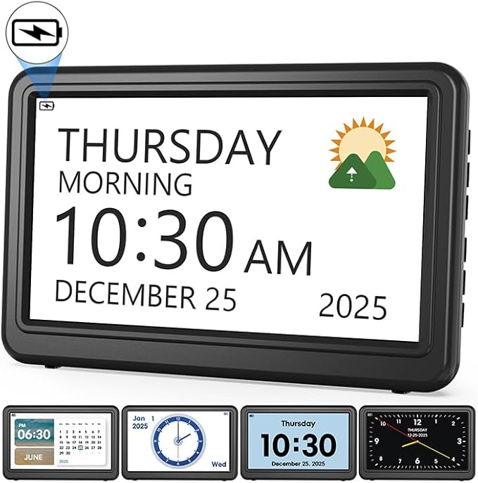 Clock with Day and Date for Elderly Battery Operated, Rechargeable Digital by Roxicosly
