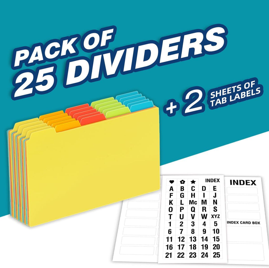 Chell 5"x8" Plastic Index Card Dividers, Primary Colors, 25 Pack | Heavyweight, A-Z, Made of Polypropylene, Alphabetical Stickers, Blank Stickers