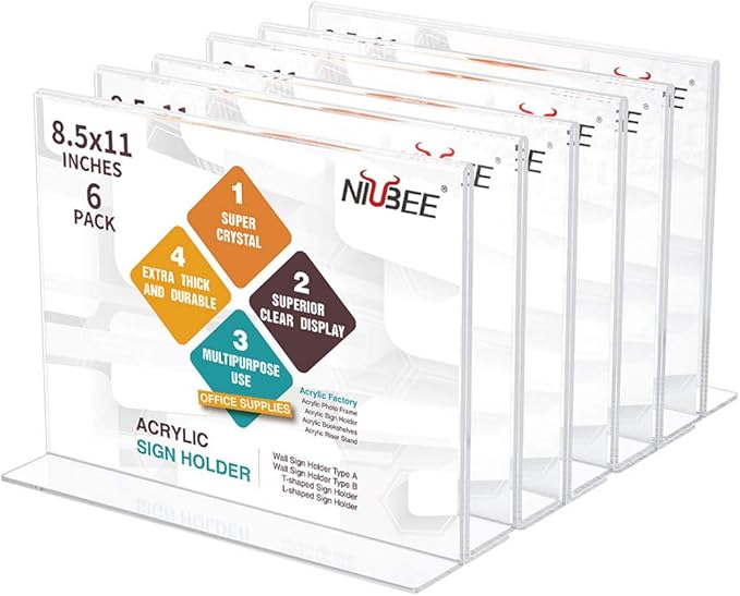 NIUBEE Acrylic Sign Holder 8.5x11 Inches 6 Pack Horizontal, T Shape Double by NIUBEE