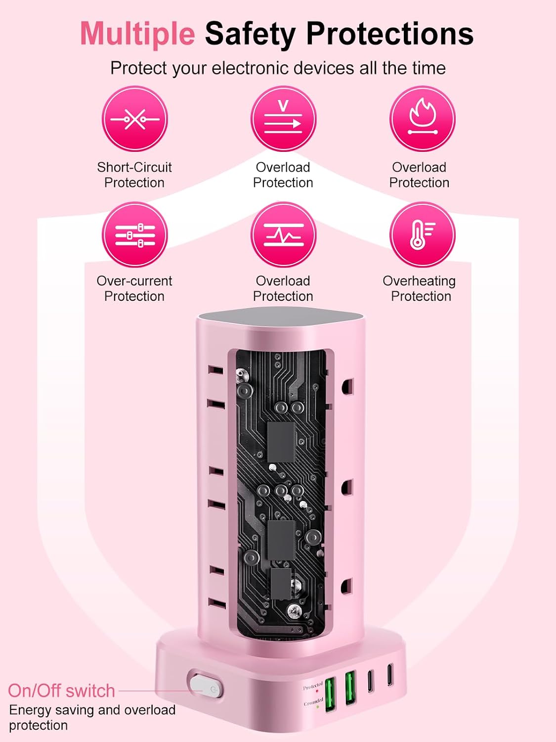 6FT Power Strip Tower Surge Protector, 12 Wide Spaced Outlets, 4 USB