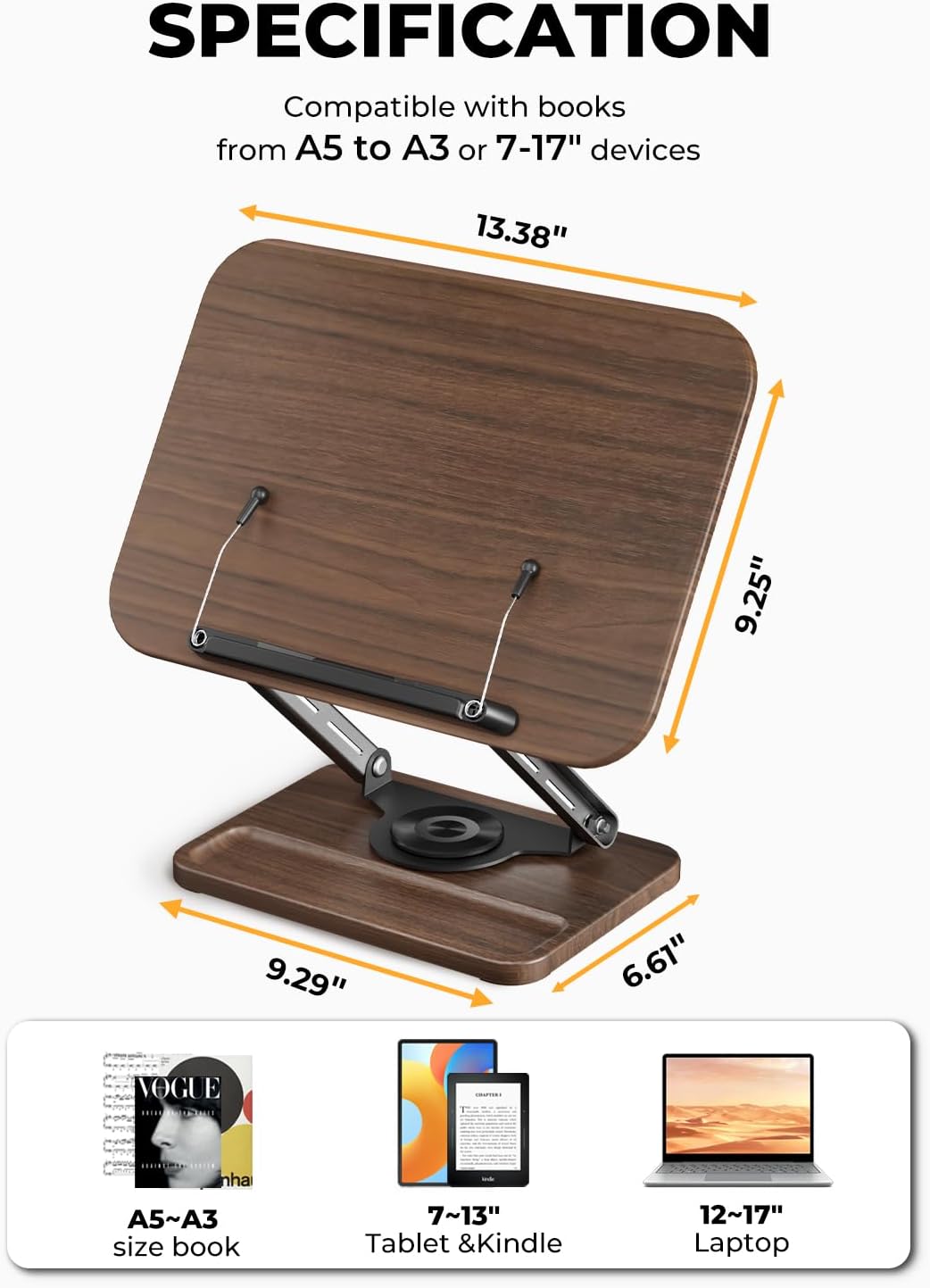 Adjustable Book Stand for Reading, Book Holder with 360° Rotation Base, Height Adjustable Book Reading Stand with Extendable Page Clips — Wooden Stand Holder for Cookbook, Receipe Book, Thick Book