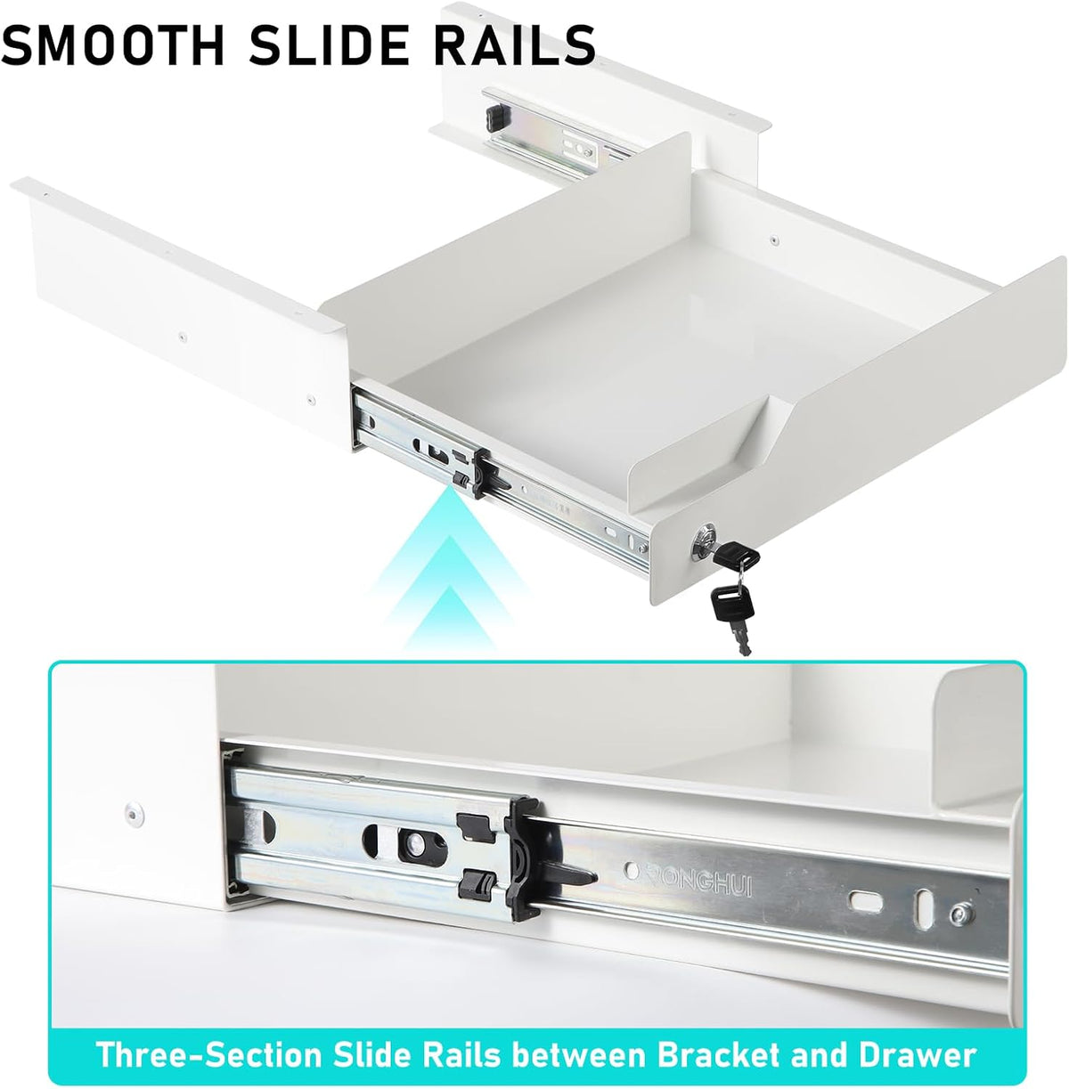 Under Desk Drawer Storage with Lock, Metal Undermount Table Drawer, Ball Bear...