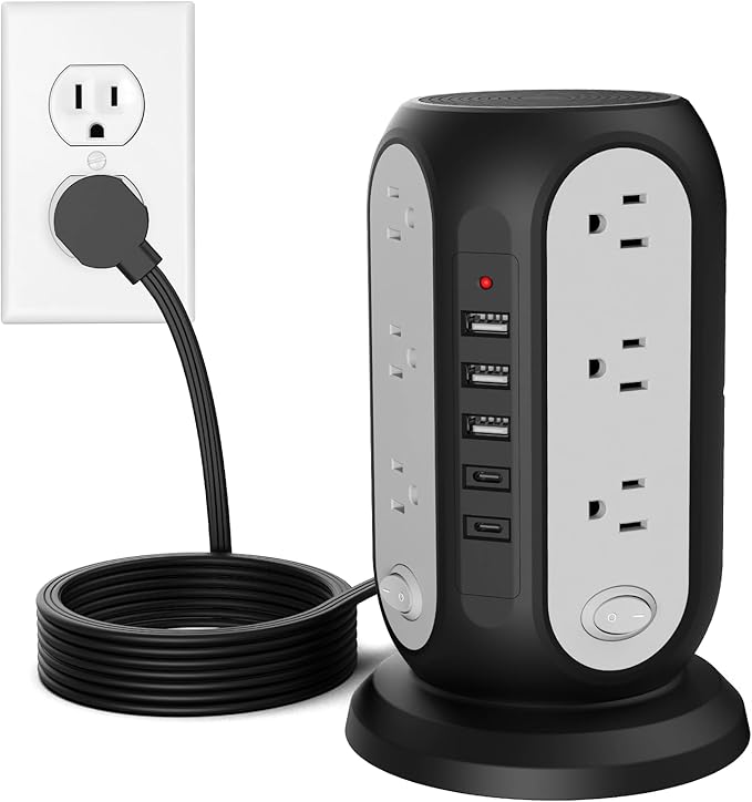 Tower Power Strip with 12 Outlets and 5 USB Ports, Flat Extension Cord 10 Ft by Unknown