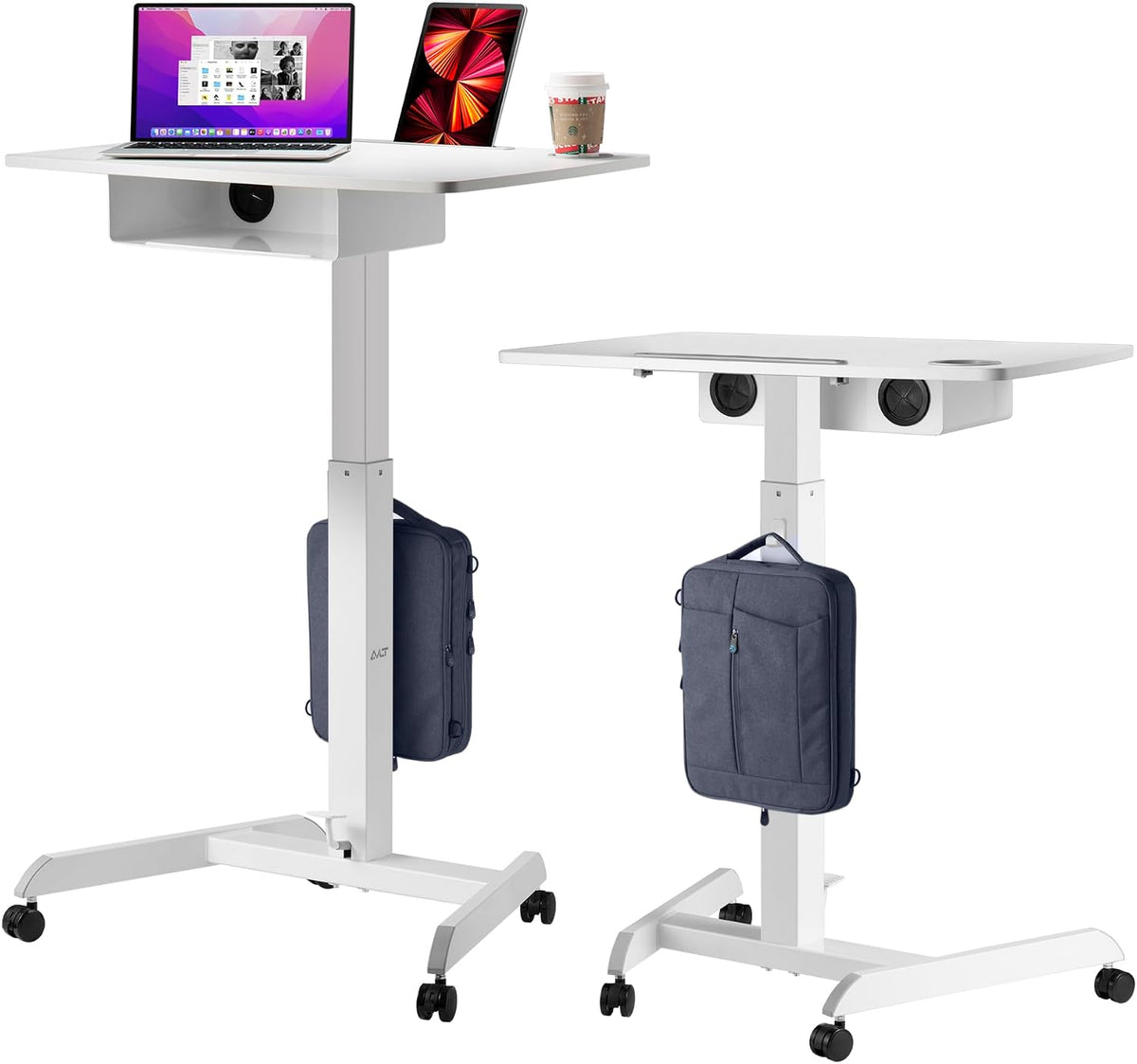 AVLT 44" Height Adjustable Foot Pedal Rolling Desk with Shelf White