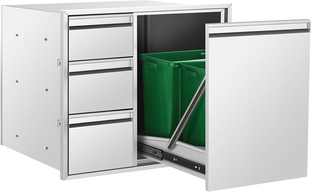 POPMOON Outdoor Kitchen Drawer Combo 28x22x19.5in with 2 Trash Bin Cabinet