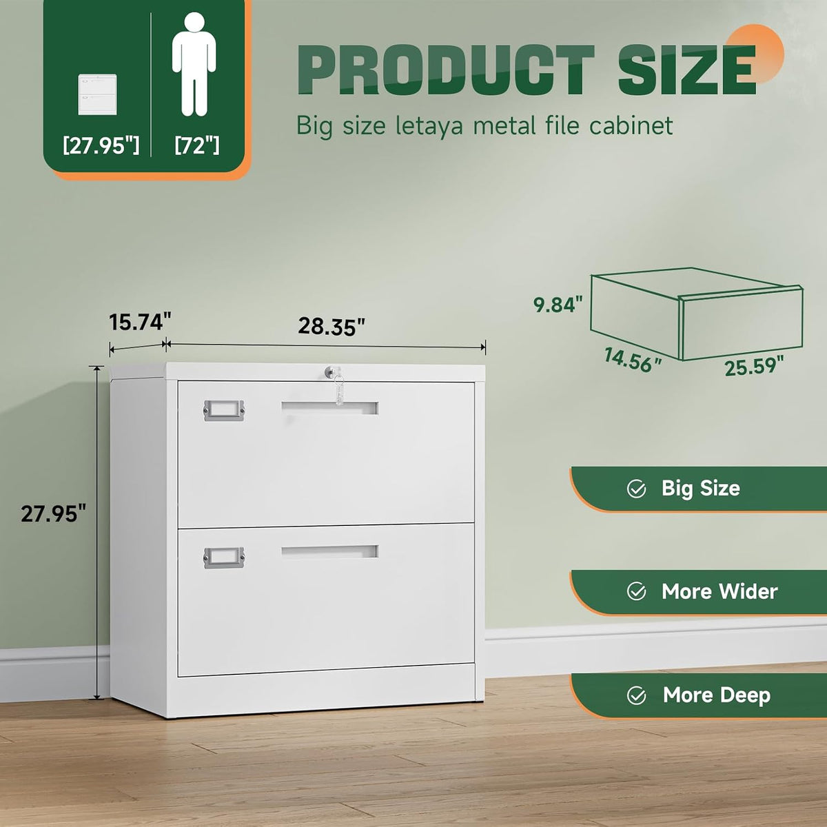letaya 2 drawer file cabinet with lock,metal lateral, close-up detail