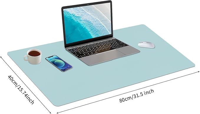 Bloss Light Blue Desk Mat, Large Mouse Pad, Leather Desk Blotter, Waterproof - Image 2