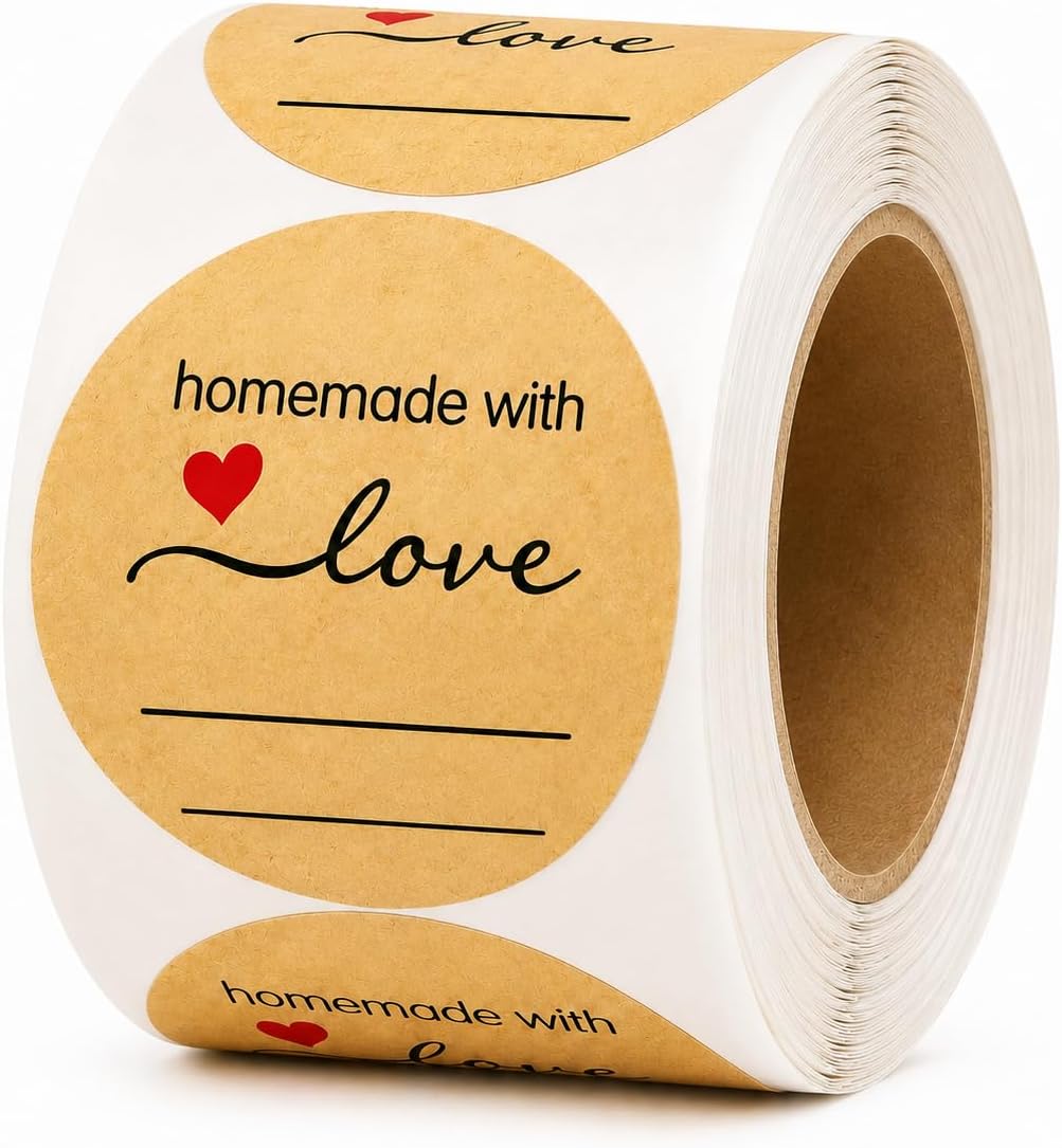 500 Kraft 2 Inch Round Canning Labels | Sticker, Homemade with Love, Round Labels for Jars, Mason Jar, Bakery Stickers, Candle, Small Business Packaging