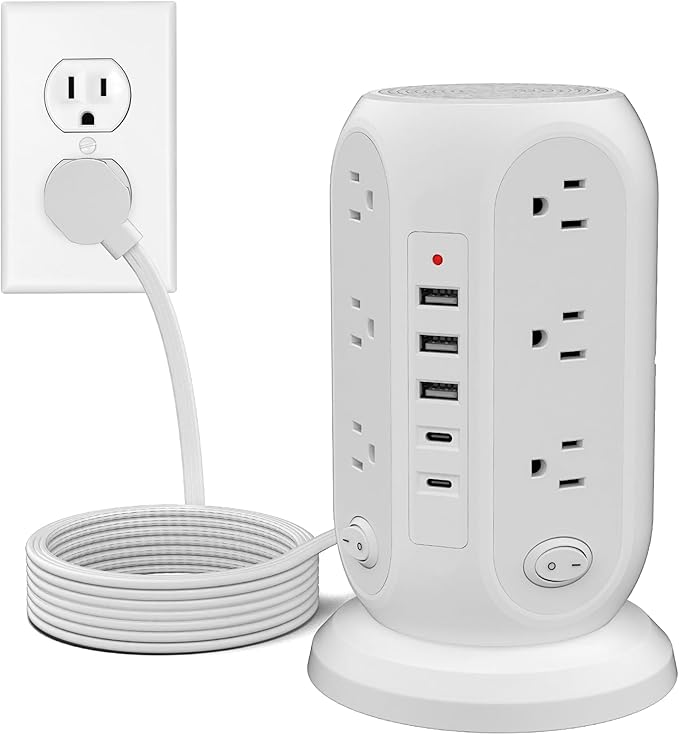 Tower Power Strip with 12 Outlets and 5 USB Ports, Flat Extension Cord 10 Ft by Unknown