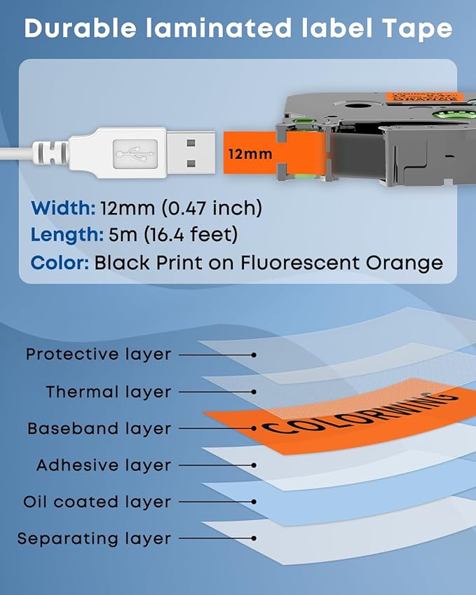 COLORWING TZe-B31 Black on Orange Fluorescent Label Maker Tape 12mm 0.47'' - Image 2