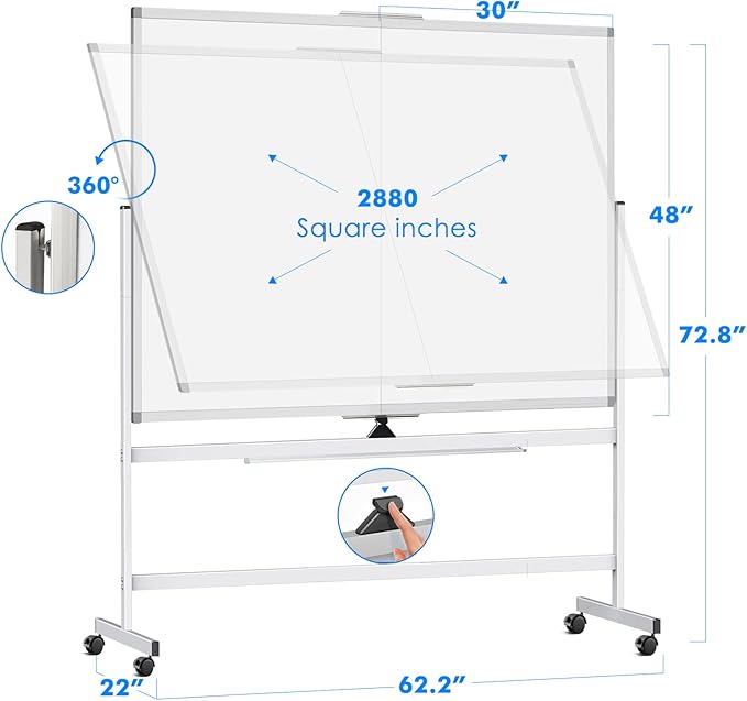 maxtek 60 x 48 Double Sided Rolling Whiteboard, Mobile Whiteboard Magnetic - Image 4