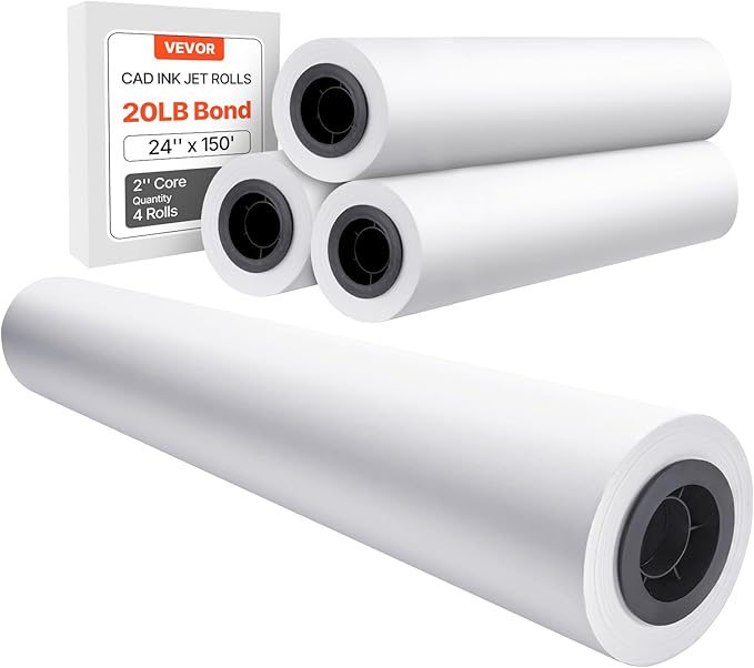 VEVOR Wide Format Paper, 24 in x 150 ft Plotter Paper, 4 Rolls CAD Bond Rolls by VEVOR
